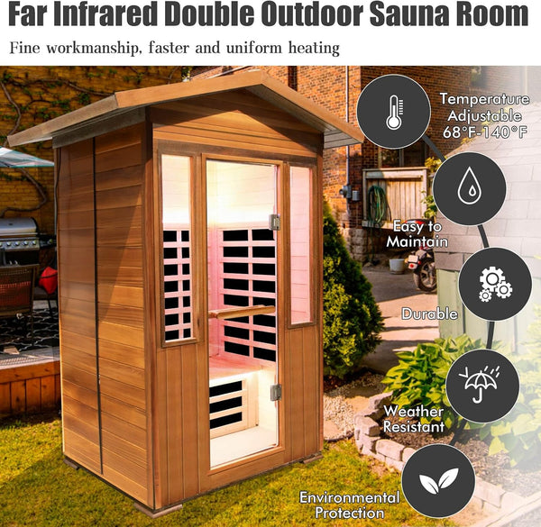 Outexer T-59C3B 2-Person Outdoor Far Infrared Sauna, Red Cedar Exterior and Canadian Hemlock Interior, 8 Low-EMF Carbon Heaters, 1800 W 120 V Plug-In, Bluetooth App Control, 7-Color Lighting, 48.8 x 37 x 87.4 in.