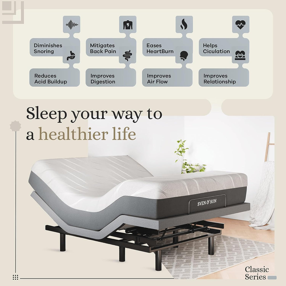 Sven & Son Classic Adjustable Bed Base, Head and Foot Lift, Massage, Under-Bed Lights, USB, Gel Memory, Zero Gravity Smart Frame - Queen + 10 Inch Memory Foam Matt (Firm)