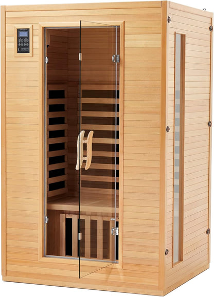 2024 Upgrade 2 Person Sauna, Low EMF 6 Heating Plate Infrared Physical Therapy Wooden Dry Steam Sauna with MP3 Auxiliary Connection, Dual Controls, Iron Shirt Wall Plate, Home Spa Day Use, Gift