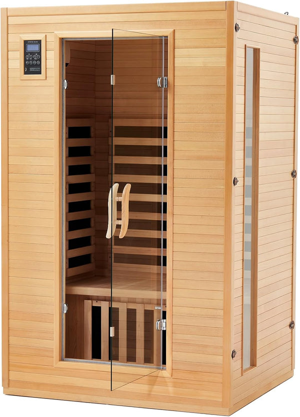 2024 Upgrade 2 Person Sauna, Low EMF 6 Heating Plate Infrared Physical Therapy Wooden Dry Steam Sauna with MP3 Auxiliary Connection, Dual Controls, Iron Shirt Wall Plate, Home Spa Day Use, Gift