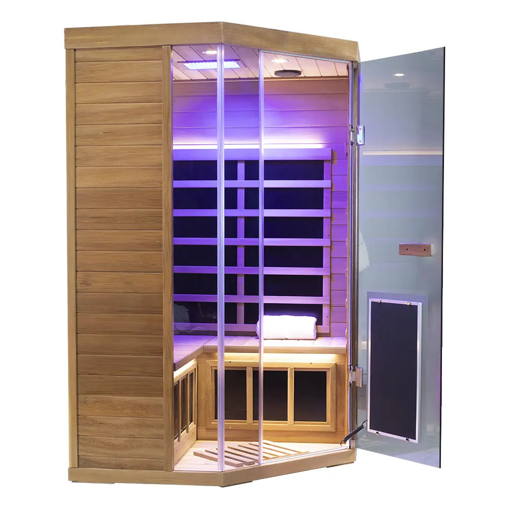 Wizzisauna SR07 2-3 Person Corner Red Cedar Far Infrared Sauna with 8 Carbon Heaters