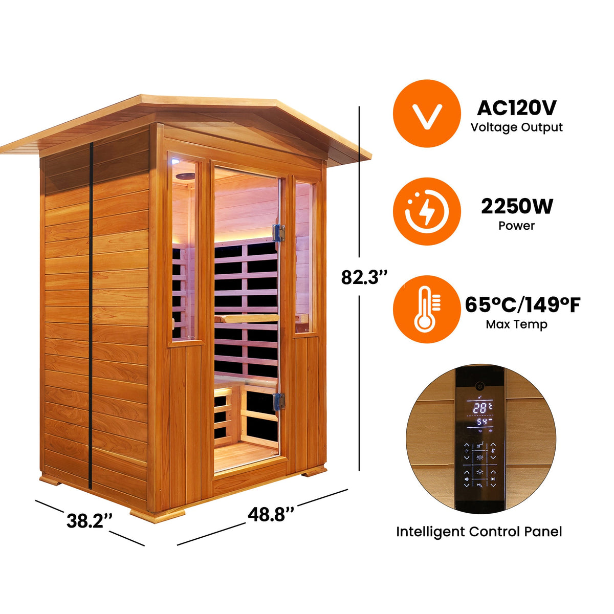 Outdoor Two-Person Far Infrared Sauna – Red Cedar Exterior, 9 Heating Panels, 2250 W