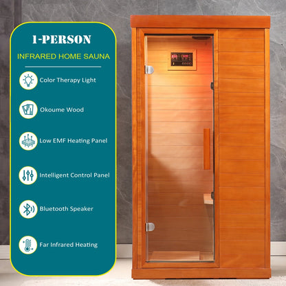 Dry Sauna for Home, 1120W Far Infrared Saunabox with 7-Color Light, 1-Person Indoor Sauna Room W/ Red Light, Bluetooth Audio, LED Reading Light, 77-140℉, Multi-Function Setting