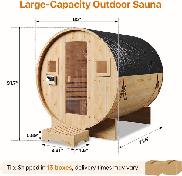 SunSwell Outdoor Traditional Barrel Sauna with Dual Dry & Steam Function