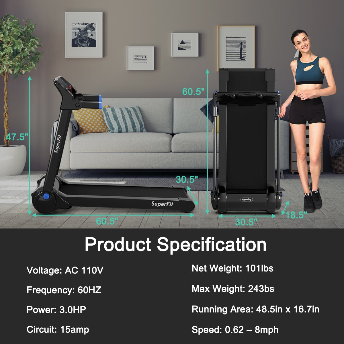 Costway SuperFit 3 HP Folding Treadmill with Bluetooth Speaker