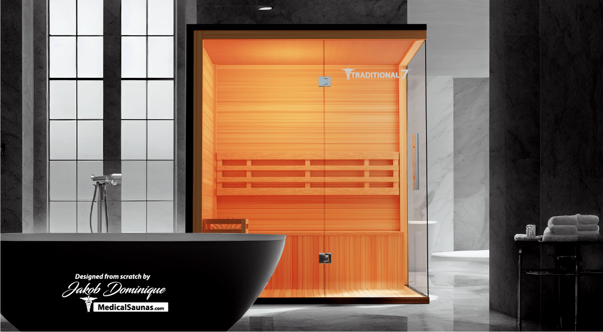 Medical Sauna Traditional 7 3-Person Indoor Steam Sauna, Canadian Hemlock with Two-Wall Glass Design, 4.5 kW Heater and LED Touch Controls