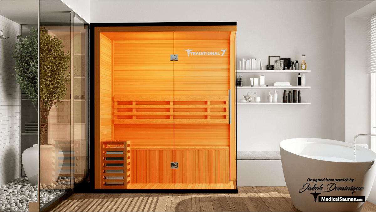 Medical Sauna Traditional 7 3-Person Indoor Steam Sauna, Canadian Hemlock with Two-Wall Glass Design, 4.5 kW Heater and LED Touch Controls