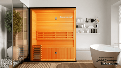 Medical Sauna Traditional 7 3-Person Indoor Steam Sauna, Canadian Hemlock with Two-Wall Glass Design, 4.5 kW Heater and LED Touch Controls