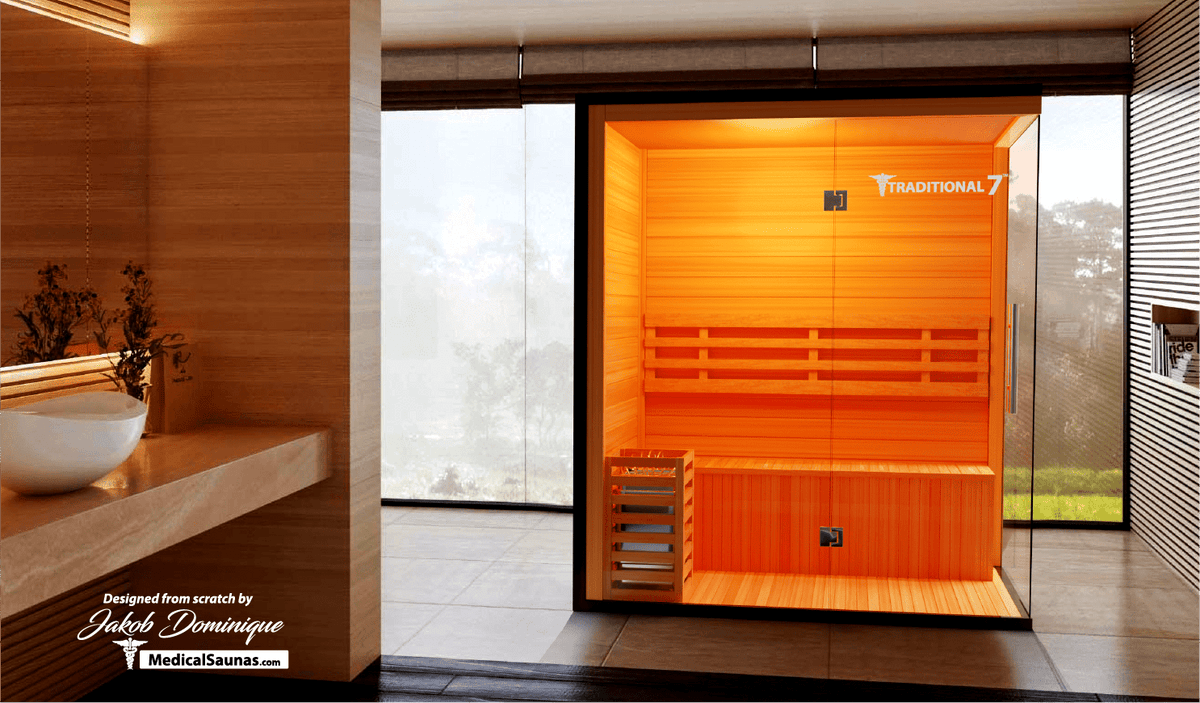 Medical Sauna Traditional 7 3-Person Indoor Steam Sauna, Canadian Hemlock with Two-Wall Glass Design, 4.5 kW Heater and LED Touch Controls