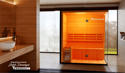 Medical Sauna Traditional 7 3-Person Indoor Steam Sauna, Canadian Hemlock with Two-Wall Glass Design, 4.5 kW Heater and LED Touch Controls