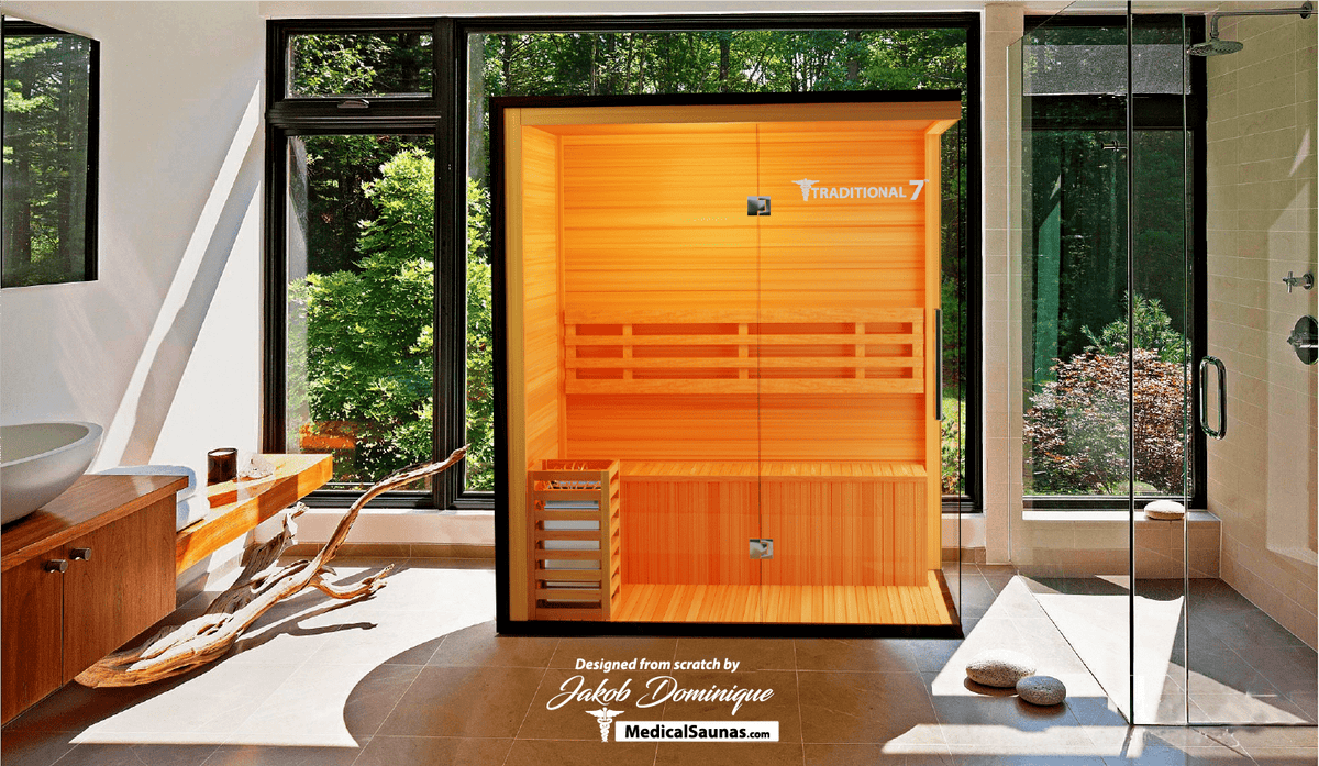 Medical Sauna Traditional 7 3-Person Indoor Steam Sauna, Canadian Hemlock with Two-Wall Glass Design, 4.5 kW Heater and LED Touch Controls