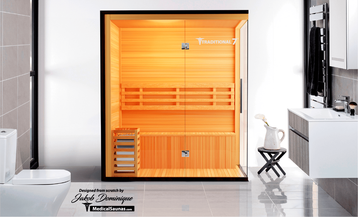 Medical Sauna Traditional 7 3-Person Indoor Steam Sauna, Canadian Hemlock with Two-Wall Glass Design, 4.5 kW Heater and LED Touch Controls