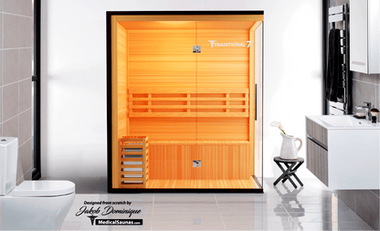 Medical Sauna Traditional 7 3-Person Indoor Steam Sauna, Canadian Hemlock with Two-Wall Glass Design, 4.5 kW Heater and LED Touch Controls