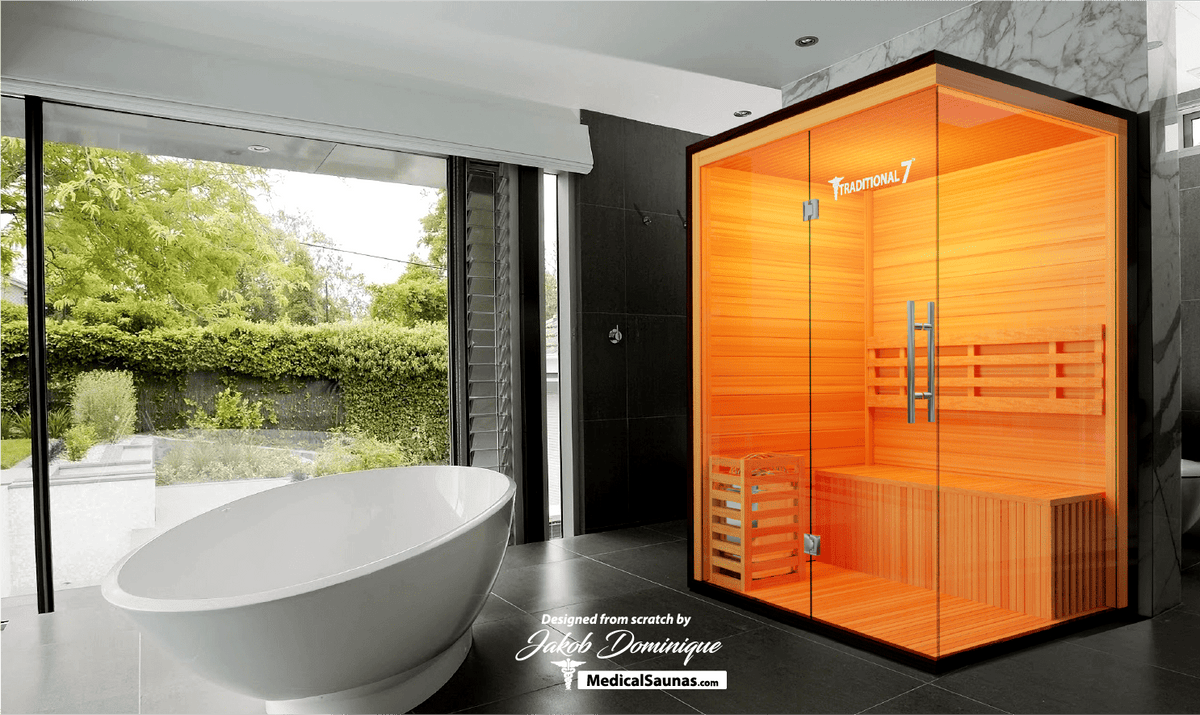 Medical Sauna Traditional 7 3-Person Indoor Steam Sauna, Canadian Hemlock with Two-Wall Glass Design, 4.5 kW Heater and LED Touch Controls