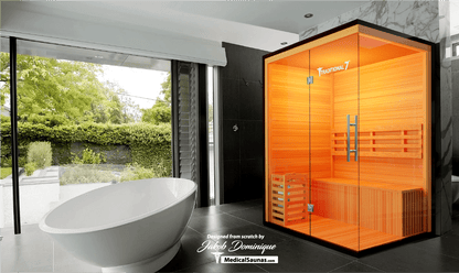 Medical Sauna Traditional 7 3-Person Indoor Steam Sauna, Canadian Hemlock with Two-Wall Glass Design, 4.5 kW Heater and LED Touch Controls